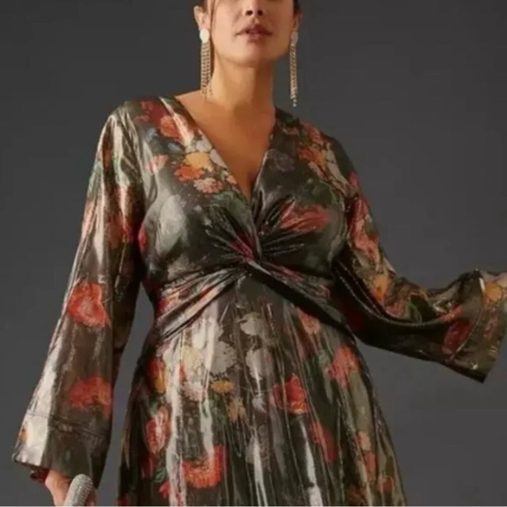 Anthropologie Floral Metallic Maxi Dress in Olive and Red - Picture 3 of 10